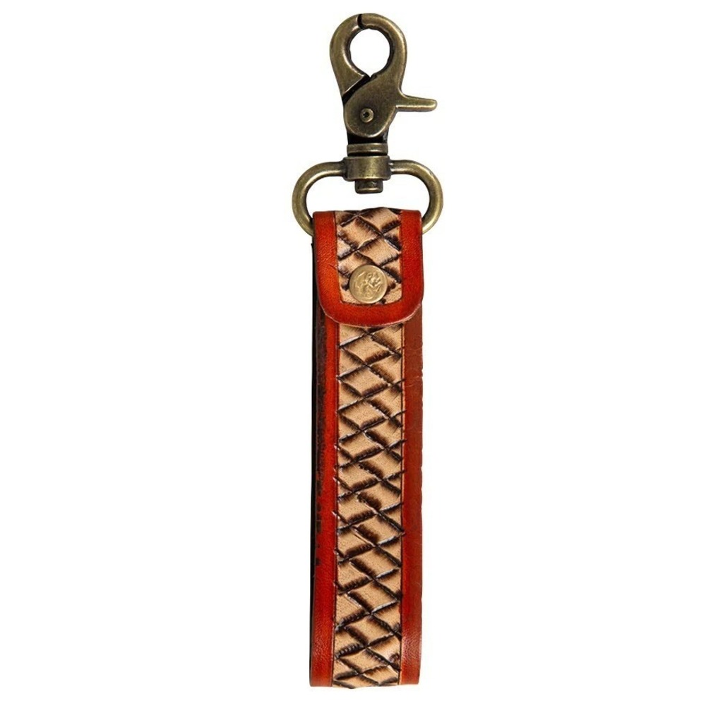 Myra Bag Maker's Weave Keychain FOB Red Brown Tooled Leather S-7546 - Picture 2 of 2